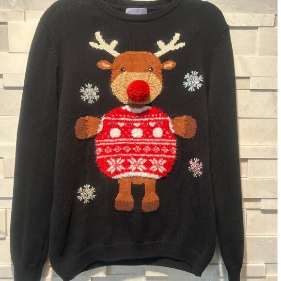 LAURA SCOTT UGLY CHRISTMAS Sweater Cotton Pom Nose Rudolph Sequin Snowflakes L - Picture 1 of 7